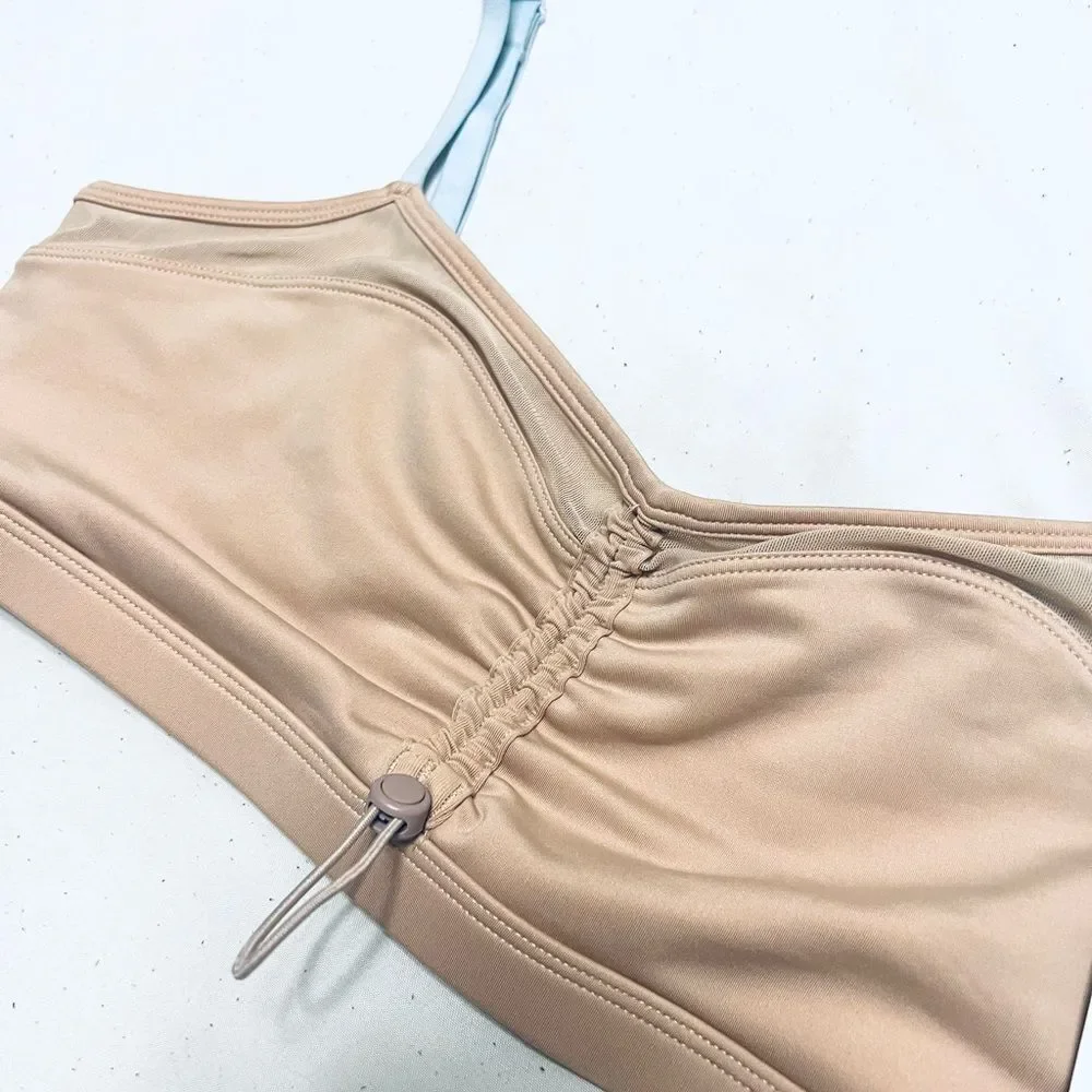 Fabletics Makayla Bra Low Impact Cinch Front Tan With Blue Straps Size L NWT